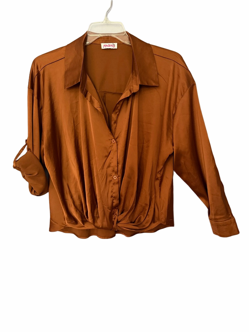 Madrag Satin Copper Blouse Women’s Size 1X Button Front Roll Tab Sleeve Top - Picture 2 of 13